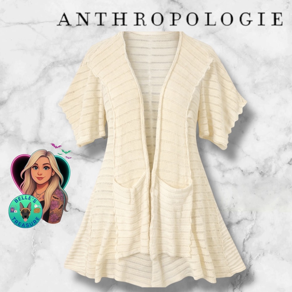 Anthropologie Small Cream Cashmere Pointelle Knit Open Cardigan Boho Cottagecore